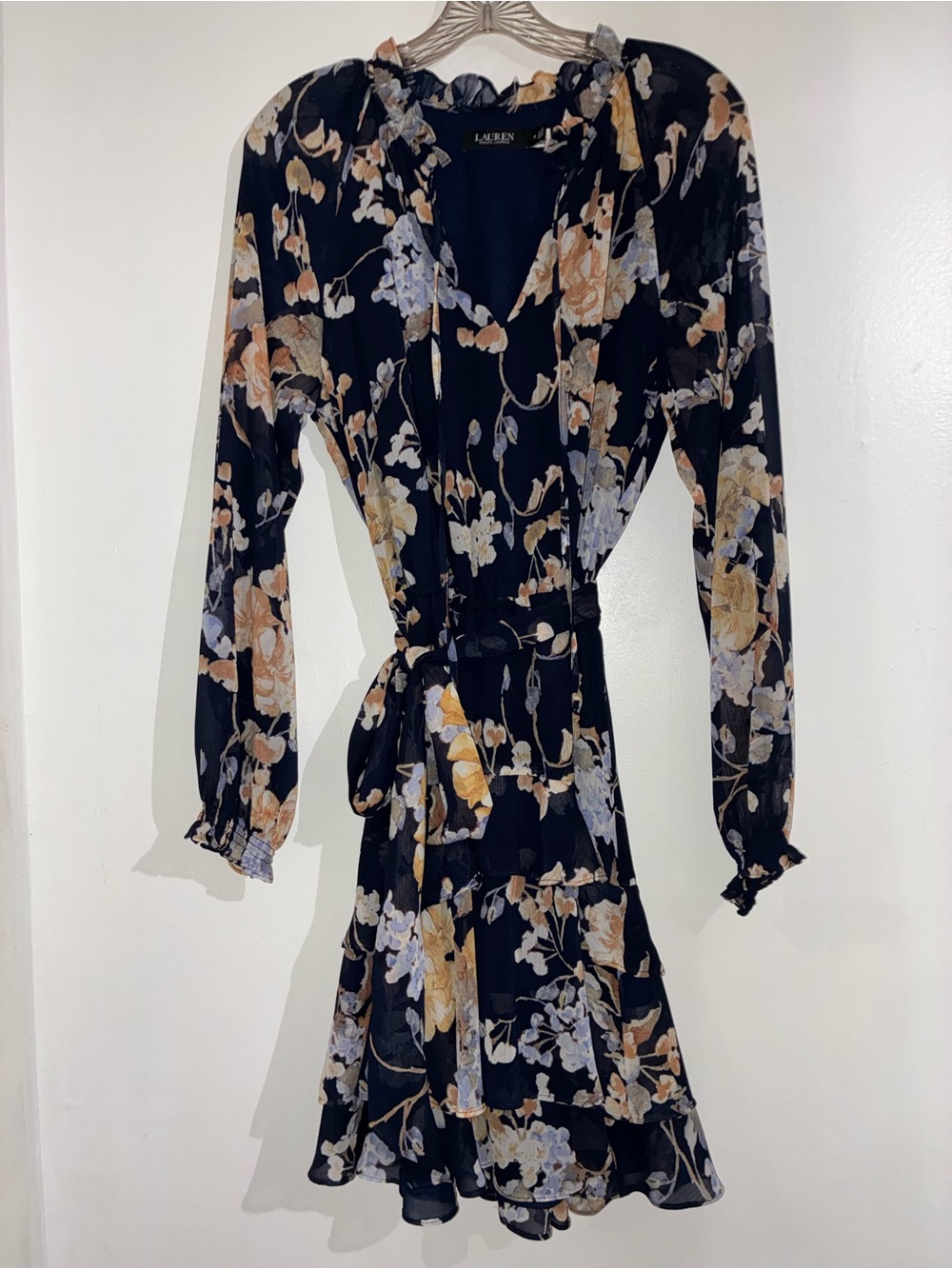 Lauren Ralph Lauren Navy Floral Chiffon Ruffle Hem Belted Dress Size 6